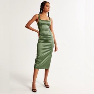 Abercrombie Sculpting Stretch Satin Midi Dress Square-Neck Olive Green